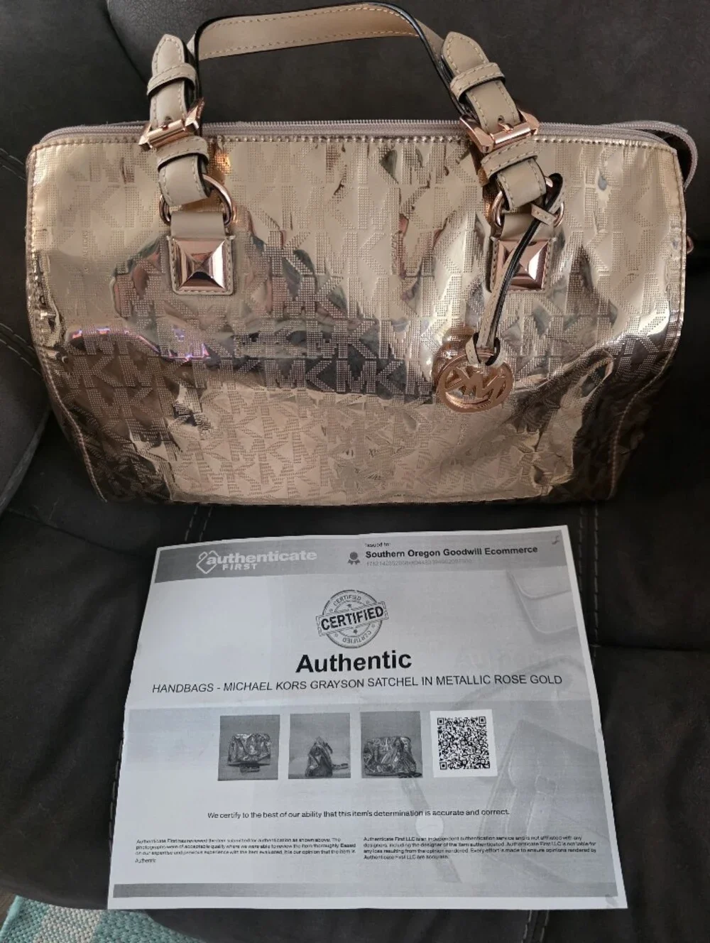 Michael Kors Rose Gold Metallic Logo Satchel